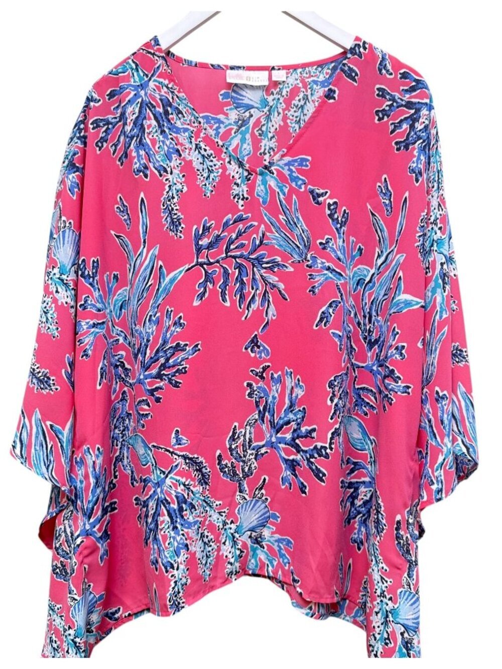 Belle by Kim Gravel Poncho Blouse Large Seashell Coral Preppy Summer Top